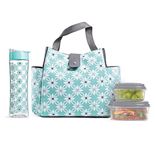 Product Cover Fit & Fresh Insulated Lunch Bag Kit, includes Matching Bottle and Containers, Westport Aqua Dogwood