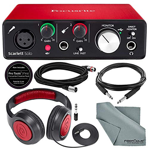 Product Cover Focusrite Scarlett Solo USB Audio Interface (2nd Generation) Bundle with XLR Cable + 1/4 Inch Cable + Samson Studio Headphones + FiberTique Cleaning Cloth...