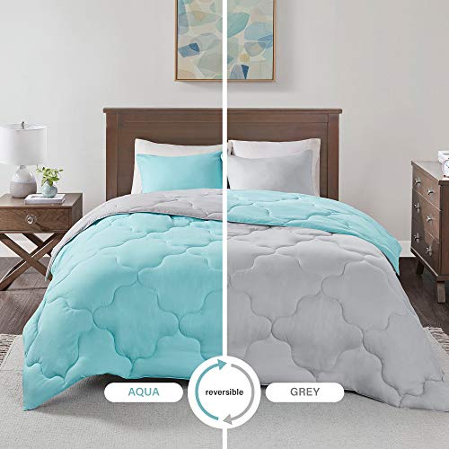 Product Cover Comfort Spaces Vixie 3 Piece Comforter Set All Season Reversible Goose Down Alternative Stitched Geometrical Pattern Bedding, Full/Queen, Aqua/Grey