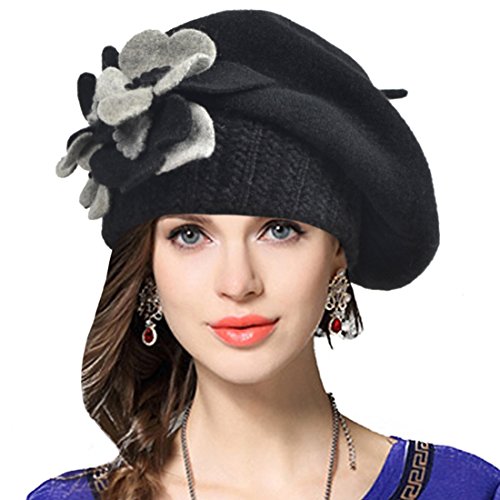 Product Cover VECRY Lady French Beret 100% Wool Beret Floral Dress Beanie Winter Hat
