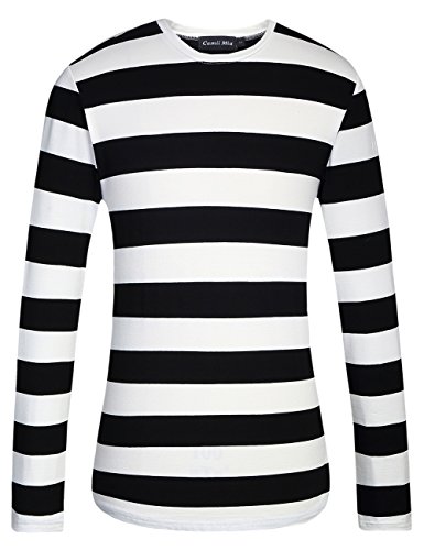Product Cover Camii Mia Men's Cotton Crew Neck Long Sleeves Stripe T-Shirt (Large, Black White)
