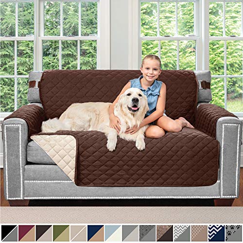 Product Cover Sofa Shield Original Patent Pending Reversible Loveseat Protector for Seat Width up to 54 Inch, Furniture Slipcover, 2 Inch Strap, Couch Slip Cover Throw for Pets, Dogs, Love Seat, Chocolate Beige