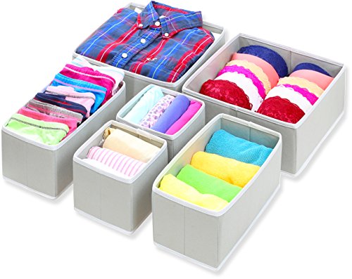 Product Cover Simple Houseware Foldable Cloth Storage Box Closet Dresser Drawer Divider Organizer Basket Bins for Underwear Bras, Gray (Set of 6)