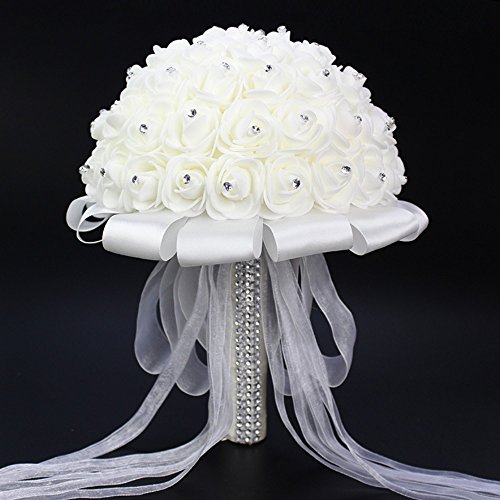 Product Cover FIDDY898 Romantic Wedding Bride Holding Bouquet Roses with Crystal Diamond Ribbon Artificial Foam Flower Bouquet (White)