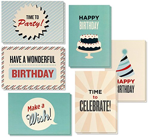Product Cover 48-Pack Happy Birthday Cards Box Set with Envelopes, 6 Assorted Retro Party Designs, Blank Inside, for All Ages Men Women Kids Coworkers, 4 x 6 Inches