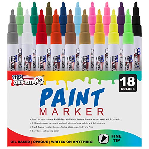 Product Cover U.S. Art Supply 18 Color Set of Fine Point Tip Oil Based Paint Pen Markers - Permanent Ink that Works on Most Surfaces Glass, Wood, Metal, Rubber, Rocks, Stone, Arts, Crafts & Tools