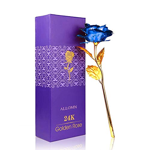 Product Cover 24K Golden Rose, ALLOMN Plastic Long Stem Real Rose Dipped in Gold with Gift Box, Best Valentine's Day Gift (Blue)