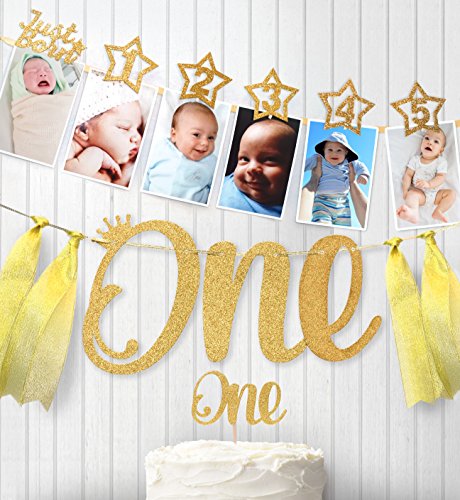 Product Cover 1st Birthday Gold Glitter Decorations - Handmade Monthly Milestone Photo banner for Newborn to 12 months, Cake Topper and ONE Banner. Great for 1 Year old Celebration, Party Supplies