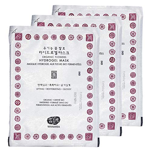 Product Cover Whamisa Organic Hydrogel Facial Mask Sheets Korean Skin Care Face Mask with All Natural & Organic Flower Aloe Vera Extracts | Pack of 3 Mask Sheet 33g x 3 | Moisturizing, Pore-Minimizing, Anti-Aging