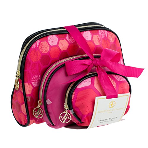 Product Cover Adrienne Vittadini Cosmetic Makeup Bags: Compact Travel Toiletry Bag Set in Small, Medium and Large for Women and Girls - Black and Pink Hex