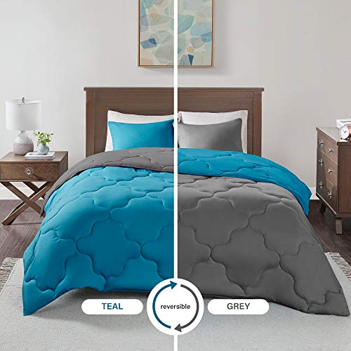 Product Cover Comfort Spaces Vixie 3 Piece Comforter Set All Season Reversible Goose Down Alternative Stitched Geometrical Pattern Bedding, Full/Queen, Teal/Grey