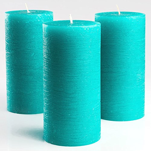 Product Cover Turquoise/Teal Unscented Pillar Candles 3 x 6 Inch Set of 3 Fragrance-Free for Weddings, Decoration, Restaurant, Spa, Smokeless Cotton Wick