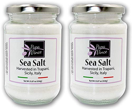 Product Cover Papa Vince Real Sea Salt - Unrefined Gluten Free Fine, Harvested in Trapani, Sicily, Italy, Unbleached, NO ANTI-CAKING, Vibrant Clean Flavor, Stored in glass for freshness | 15.87 oz [2-Pack]