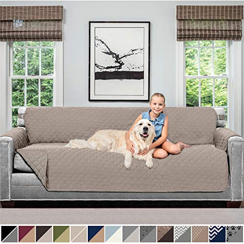Product Cover Sofa Shield Original Patent Pending Reversible X-Large Oversized Sofa Protector for Seat Width up to 78 Inch, Furniture Slipcover, 2 Inch Strap, Couch Slip Cover Throw for Pet Dogs, Sofa, Light Taupe