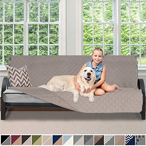 Product Cover Sofa Shield Original Patent Pending Reversible Futon Protector for Seat Width up to 70 Inch, Furniture Slipcover, 2 Inch Strap, Daybed Couch Slip Cover Throw for Pet Dogs, Cats, Futon, Light Taupe