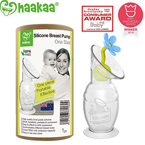 Product Cover Haakaa Breast Pump with Suction Base and Flower Stopper 100% Food Grade Silicone BPA PVC and Phthalate Free (5oz/150ml) (Blue)