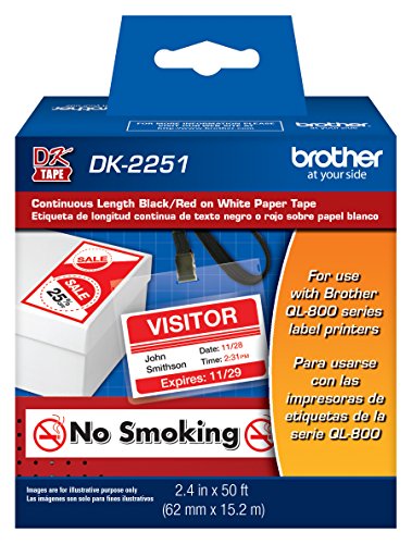 Product Cover Brother Genuine DK-2251 Continuous Length Replacement Labels, Black/Red Label on White Paper Tape, Engineered with Excellence, 2.4