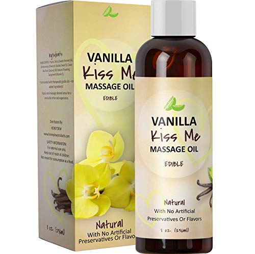 Product Cover Vanilla Erotic Massage Oil for Sex Edible Massage Oil and Lubricant for Sensual Massage and Natural Calm Aromatherapy Almond Jojoba and Coconut Oil Anti-Aging Moisturizing Skin Care & Back Pain Relief