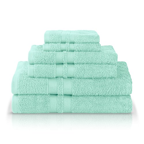 Product Cover Superior Premium Cotton, Absorbent and Ultra Soft 6 Piece Towel Set, Unique Honeycomb Double Border, Cyan