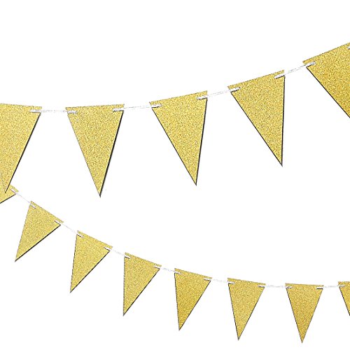 Product Cover Gold Happy Birthday Banner Triangle Garland - Elegant Party Bunting Flags Decorations Kids Birthday Party Supplies - Size Small - 3.75 x 5.5 inch Flags, 10 Feet Length