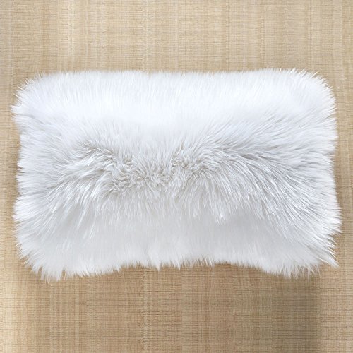 Product Cover OJIA Faux Fur Throw Pillow Cover Cushion Case Super Soft Plush Accent Pillows Case Decorative New Luxury Series Style (12 x 20 Inch, Thick White)