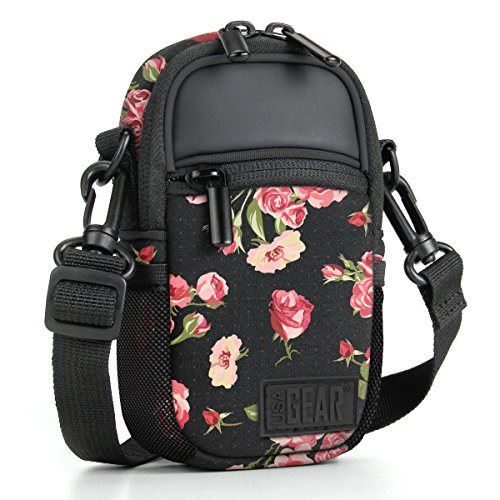 Product Cover USA GEAR Compact Camera Case (Floral) Point and Shoot Camera Bag with Accessory Pockets, Rain Cover and Shoulder Strap - Compatible with Sony CyberShot, Canon PowerShot ELPH, Nikon COOLPIX and More
