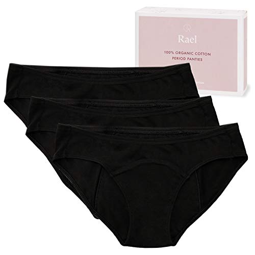 Product Cover Hesta | Rael Women's Organic Cotton Period Menstrual Sanitary Protective Underwear Panties / 3Pack (Medium, 3Black)