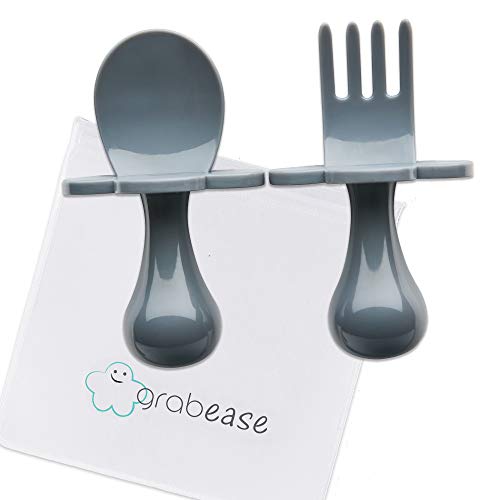 Product Cover Grabease First Self Feed Baby Utensils - Anti-Choke, BPA-Free Baby Spoon and Fork Toddler Utensils with Pouch Set - Toddler Silverware for Baby Led Weaning Ages 6 Months+, Grey