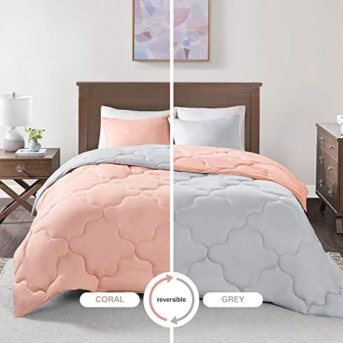 Product Cover Comfort Spaces Vixie 3 Piece Comforter Set All Season Reversible Goose Down Alternative Stitched Geometrical Pattern Bedding, Full/Queen, Coral/Grey