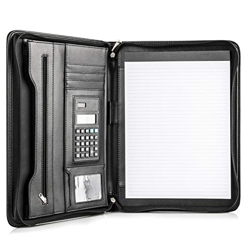 Product Cover COSSINI Black Superior Vegan Leather Business Portfolio with Zipper - Padfolio All-in-One - Smartest Protective 10.1 Inch Tablet Sleeve, Presentation Slot, Solar Calculator, Card Storage, Writing Pad