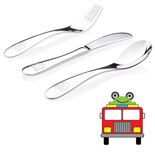 Product Cover Kiddobloom Kids Stainless Steel Utensil Set, Fire Truck Model, 3pc Set (Spoon, Fork, and Butter Knife) Safe Flatware for Toddlers and Kids