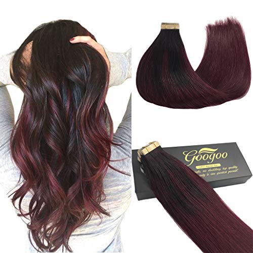 Product Cover Googoo 14inch Tape in Hair Extensions Balayage Black to Red Ombre Skin Weft Human Hair Extensions Tape in Remy Hair Extensions 20pcs 50g
