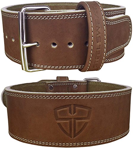 Product Cover Steel Sweat Weight Lifting Belt - 4 Inches Wide by 10mm - Single Prong Powerlifting Belt That's Heavy Duty - Vegetable Tanned Leather - Hyde Brown Large