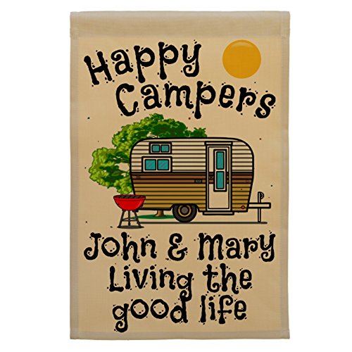 Product Cover Happy Campers, Retro Camp Trailer Campsite Flag, Custom Camping Sign, Personalized Your Way (Brown/Gold)