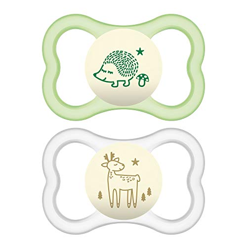 Product Cover MAM Air Night Pacifiers (2 pack), MAM Sensitive Skin Pacifier 6+ Months, Glow in the Dark Pacifier, Best Pacifier for Breastfed Babies, Unisex Baby Pacifiers, Green