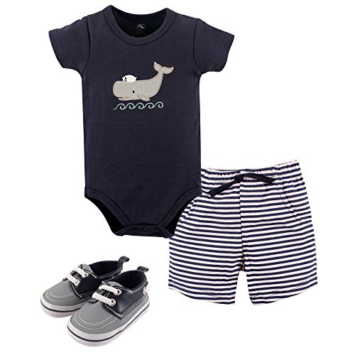 Product Cover Hudson Baby Unisex Baby Cotton Bodysuit, Shorts and Shoe Set, Sailor Whale, 3-6 Months