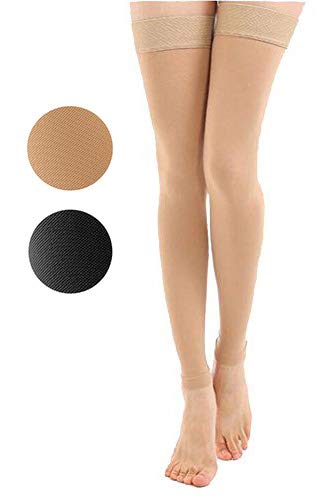 Product Cover TOFLY Thigh High Compression Stockings Opaque, Firm Support 20-30 mmHg Gradient Compression with Silicone Band, Footless Compression Sleeves, Treatment Swelling, Varicose Veins, Edema, Beige L