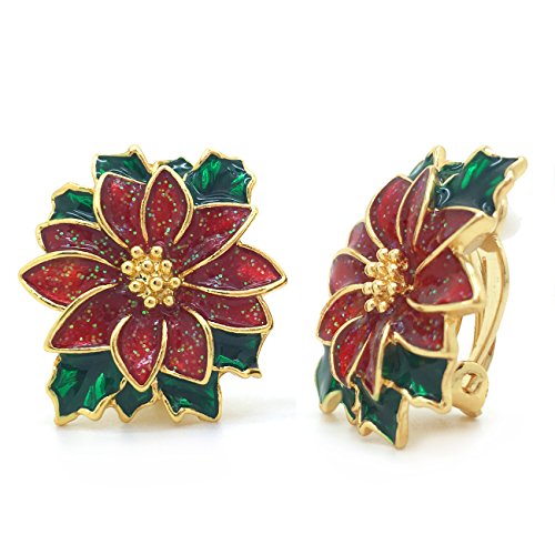 Product Cover Poinsettia Christmas Clip On Earrings Flower Red Green Enamel Gold Plated Women Fashion