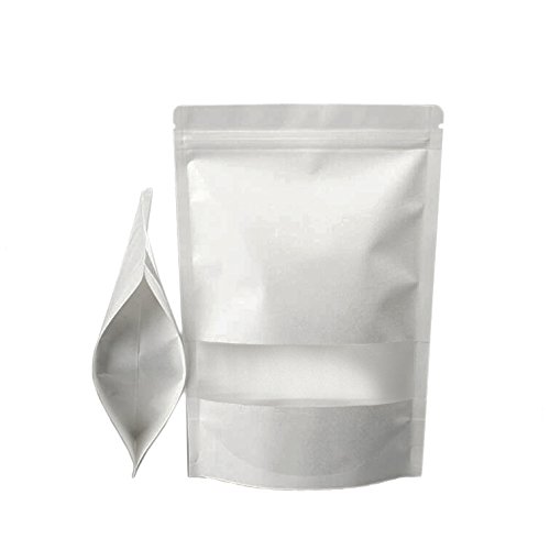Product Cover SumDirect White Kraft Zip Lock Stand Up Food Bags Pouches with U-Notch and Matte Window,4.7x8 Inches,6.2oz,Pack of 50