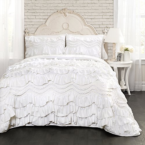 Product Cover Lush Decor Kemmy Quilt Ruffled Textured 3 Piece Full Queen Size Bedding Set, White