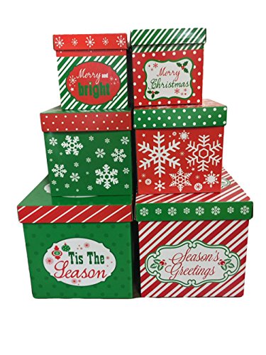Product Cover 6 Christmas Gift Boxes w/ Lids Nesting Tiered Cubes for Display or Presents