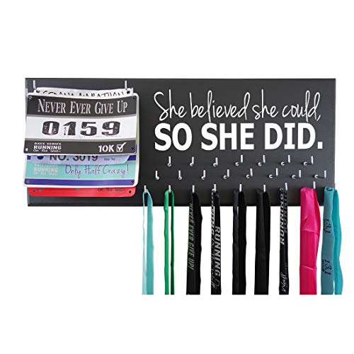 Product Cover Running On The Wall - Race Bib and Medal Display Rack- Wall Mounted Sports Medal Holder and Hanger for 5K, 10K and Marathons Runners - SHE Believed SHE Could, SO SHE DID
