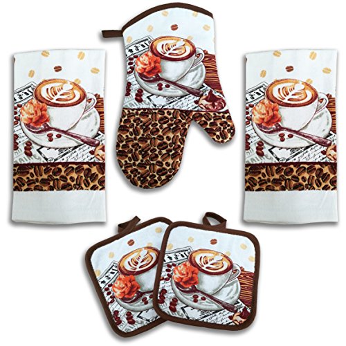 Product Cover American Mills Coffee and Latte Decor 5 Piece Printed Kitchen Linen Set Includes Towels Pot Holders Oven Mitt