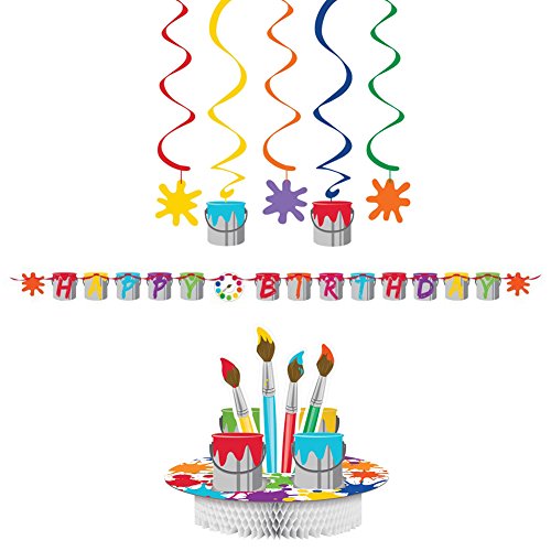Product Cover Art Party Supplies Party Pack Decorations Bundle | Centerpiece, Ribbon Party Banner, and Dizzy Danglers | Bold Kids Art Supplies Theme For A Creative Art Party | Fun Paint Splatter Design