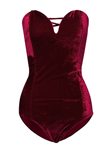Product Cover Clothink Women Burgundy Bandeau Back Lace up Velvet Bodysuit
