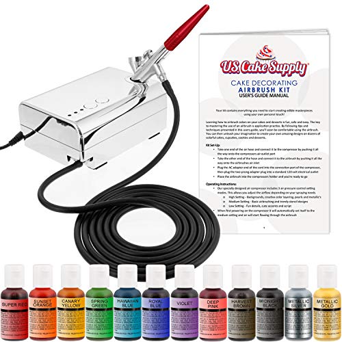Product Cover U.S. Cake Supply - Complete Cake Decorating Airbrush Kit with a Full Selection of 12 Vivid Airbrush Food Colors - Decorate Cakes, Cupcakes, Cookies & Desserts