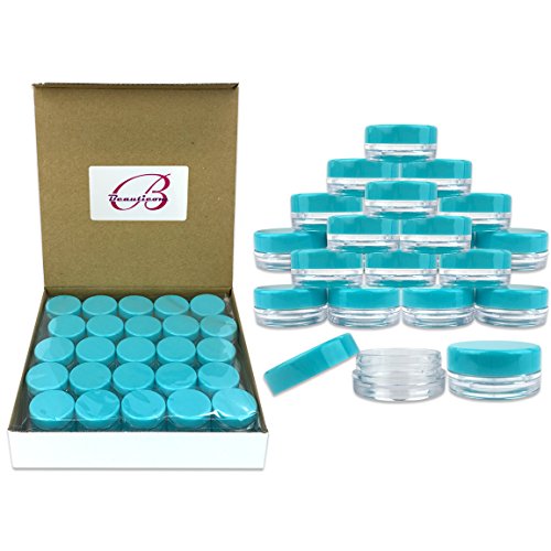 Product Cover (Quantity: 100 Pieces) Beauticom 3G/3ML Round Clear Jars with TEAL Sky Blue Lids for Scrubs, Oils, Toner, Salves, Creams, Lotions, Makeup Samples, Lip Balms - BPA Free
