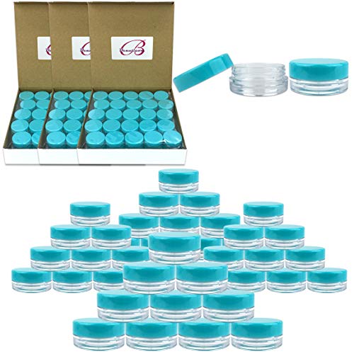 Product Cover (Quantity: 200 Pieces) Beauticom 3G/3ML Round Clear Jars with TEAL Sky Blue Lids for Scrubs, Oils, Toner, Salves, Creams, Lotions, Makeup Samples, Lip Balms - BPA Free