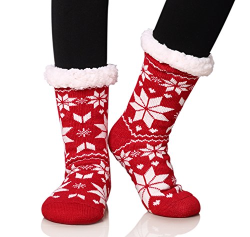 Product Cover Dosoni Women's Fleece Lining Fuzzy Soft Christmas Knee Highs Stockings Slipper Socks (Snowflake Big Red)