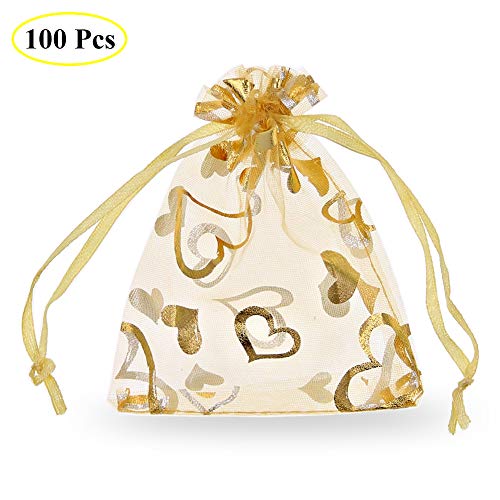 Product Cover SumDirect 100Pcs 3.5x4.7 Inches Sheer Drawstring Heart Organza Jewelry Pouches Wedding Party Christmas Favor Gift Bags (Gold)